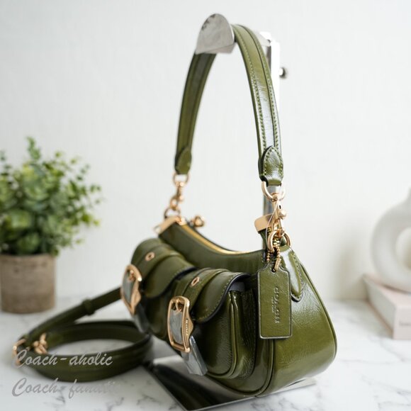 Coach CBJ01 Ashton Shoulder Bag In Shiny Crinkle Leather Gold/Olive Green - Picture 6 of 11